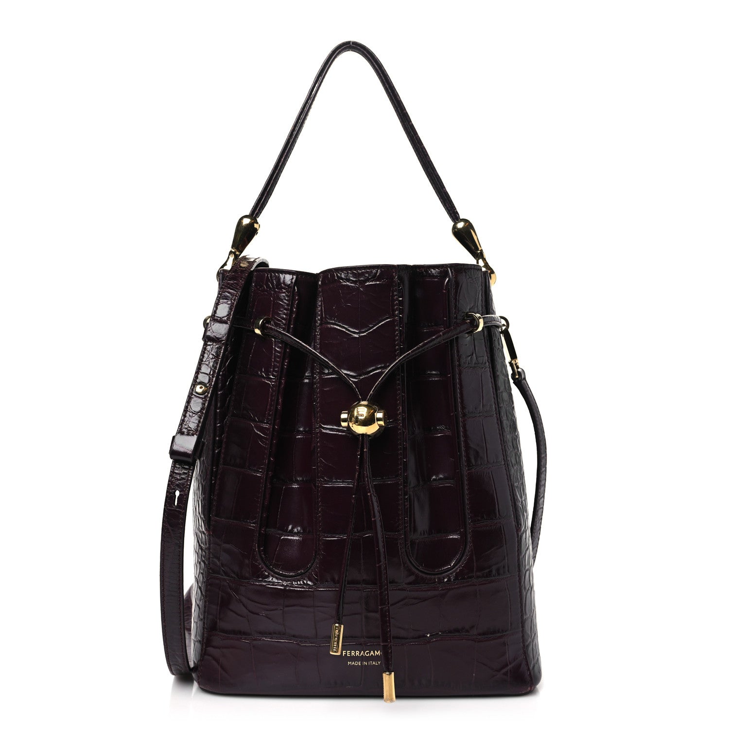 Salvatore Ferragamo Calfskin Crocodile Embossed Bucket Bag Bordeaux 1 of 14