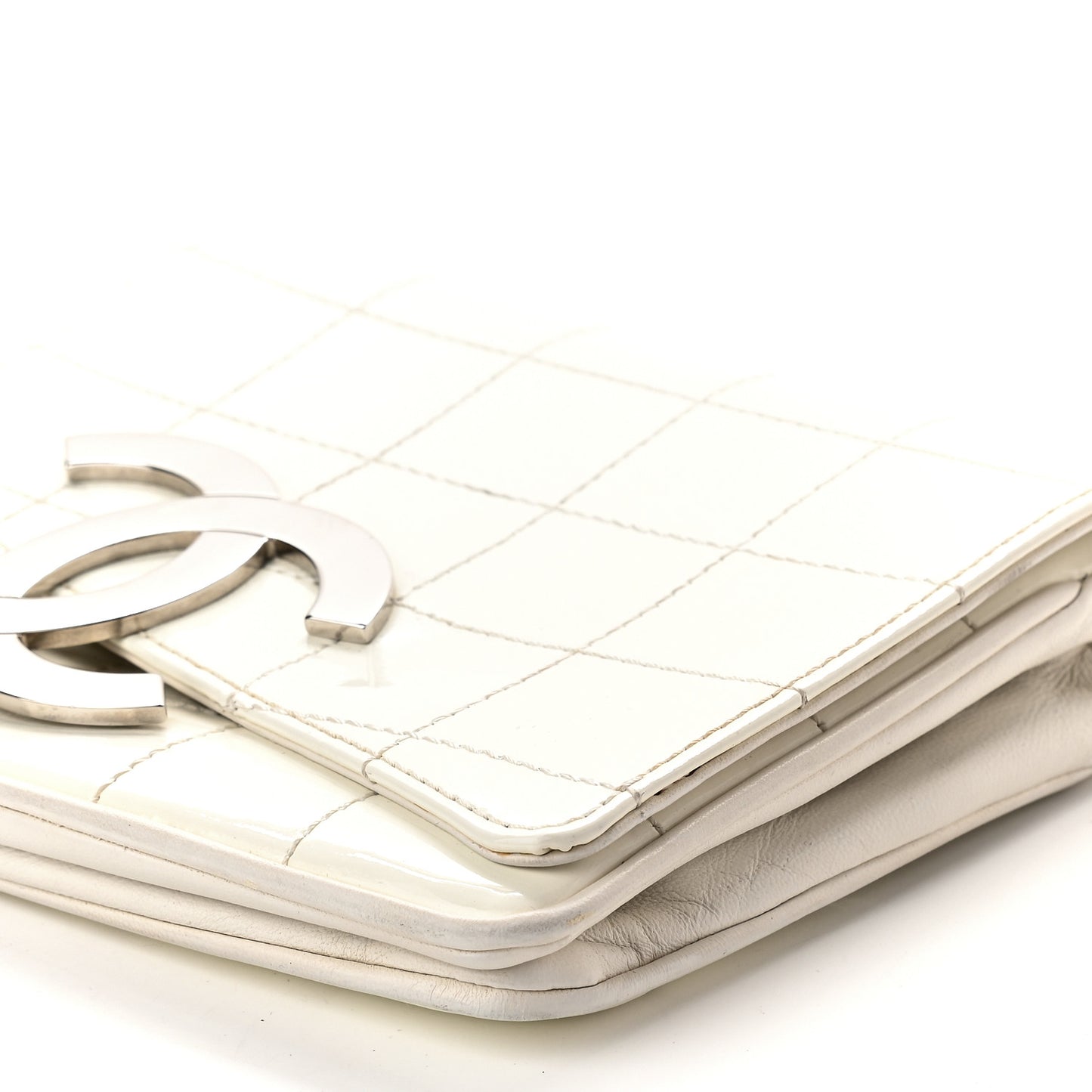 Patent Square Stitched CC Flap Clutch White