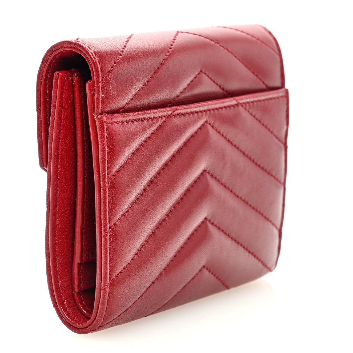 Saint Laurent Lambskin Matelasse Chevron Monogram Compact Tri Fold Wallet Red 3 of 6