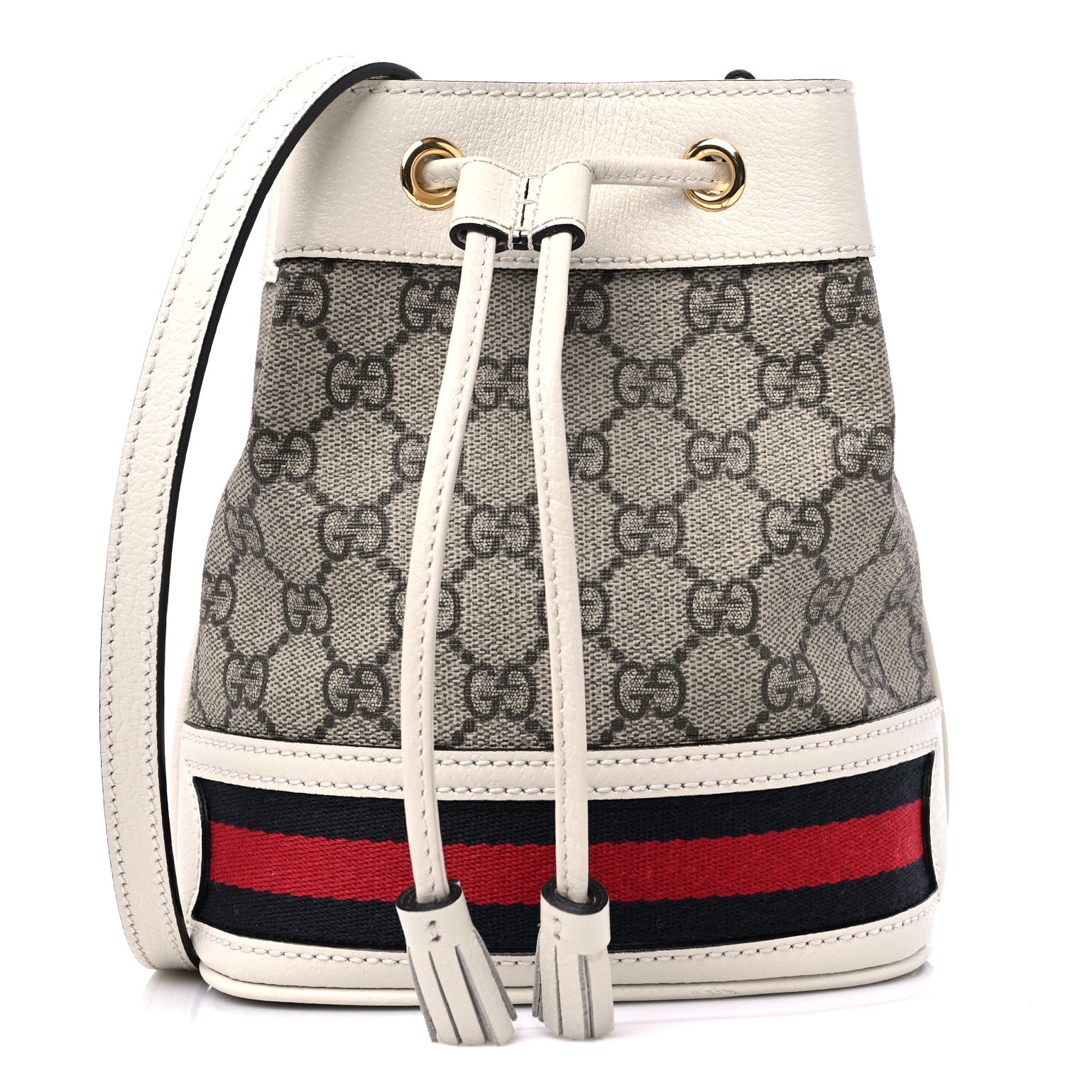 Gucci GG Supreme Monogram Textured Calfskin Web Mini Ophidia Bucket Bag Beige Ebony Mystic White 1 of 9