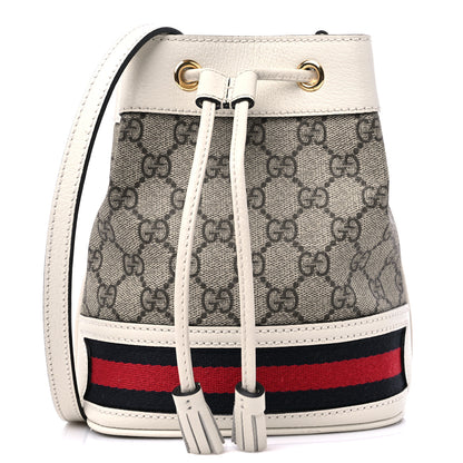 Gucci GG Supreme Monogram Textured Calfskin Web Mini Ophidia Bucket Bag Beige Ebony Mystic White 1 of 9