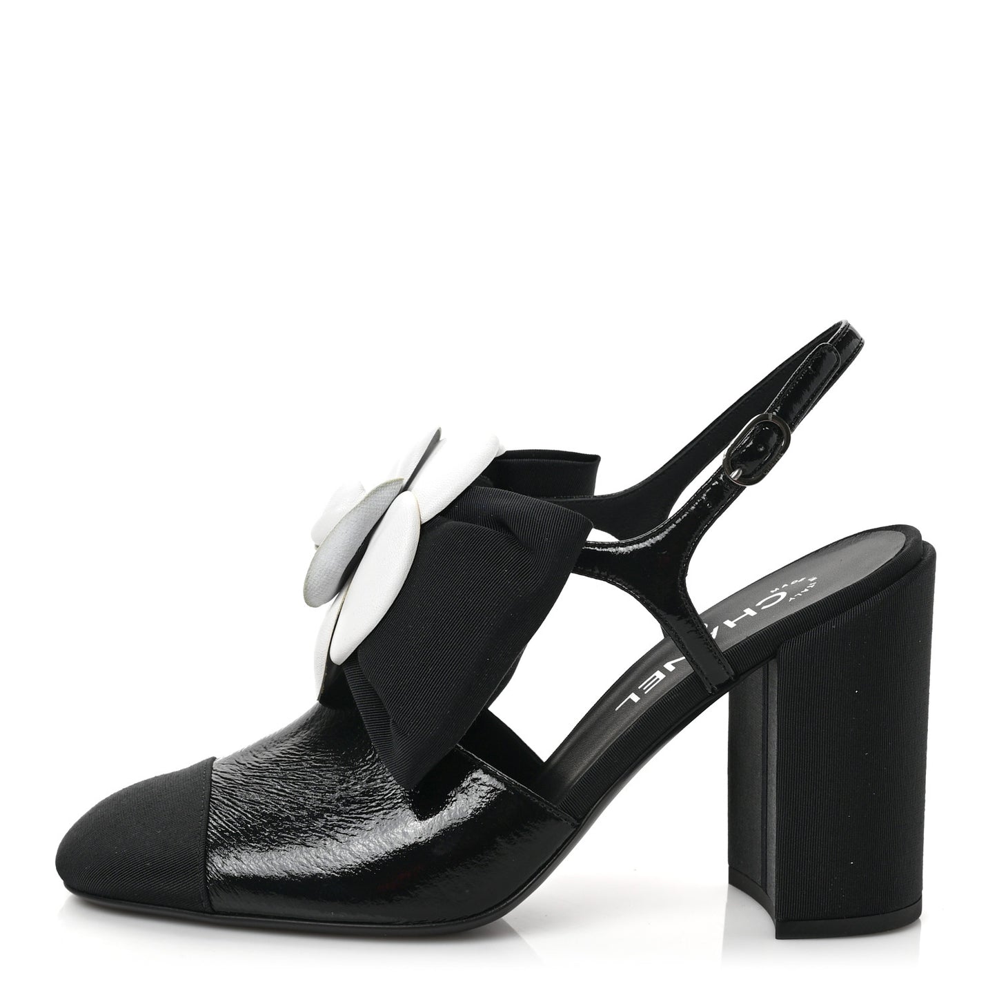 Crumpled Shiny Fabric Grosgrain Cap Toe Camellia Bow Slingback Pumps 39 Black