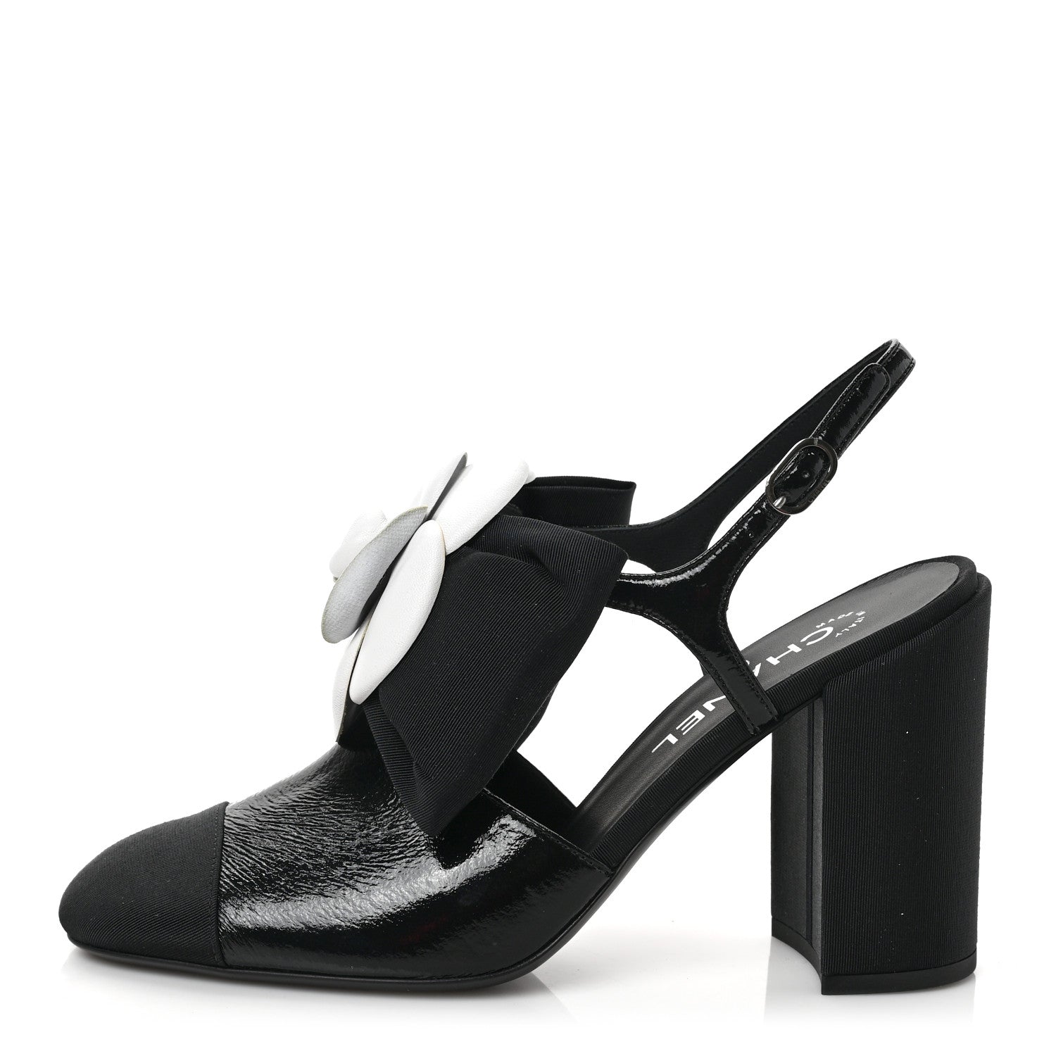 Chanel Crumpled Shiny Fabric Grosgrain Cap Toe Camellia Bow Slingback Pumps 39 Black 1 of 8