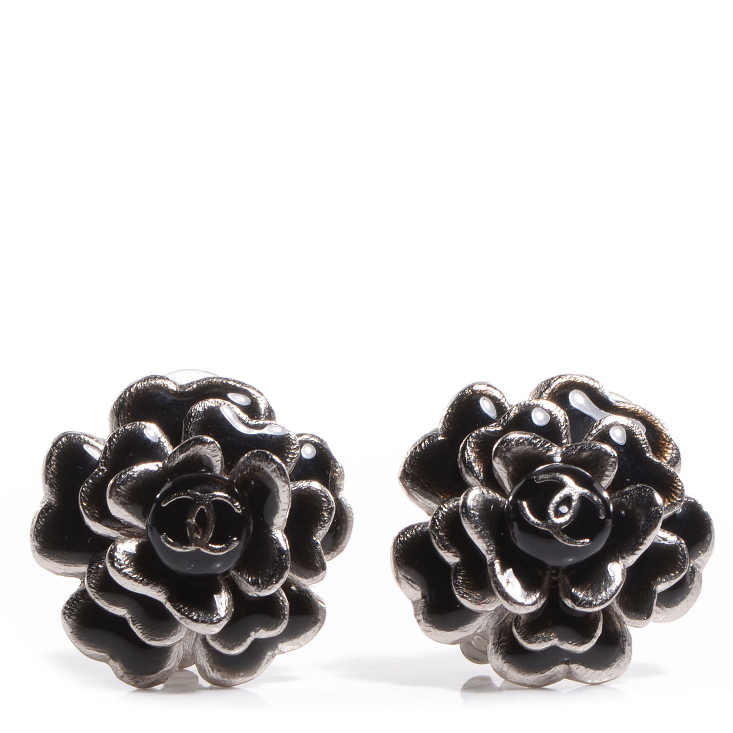 Chanel Enamel CC Camellia Clip On Earrings Black 1 of 4