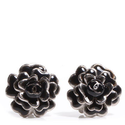 Chanel Enamel CC Camellia Clip On Earrings Black 1 of 4