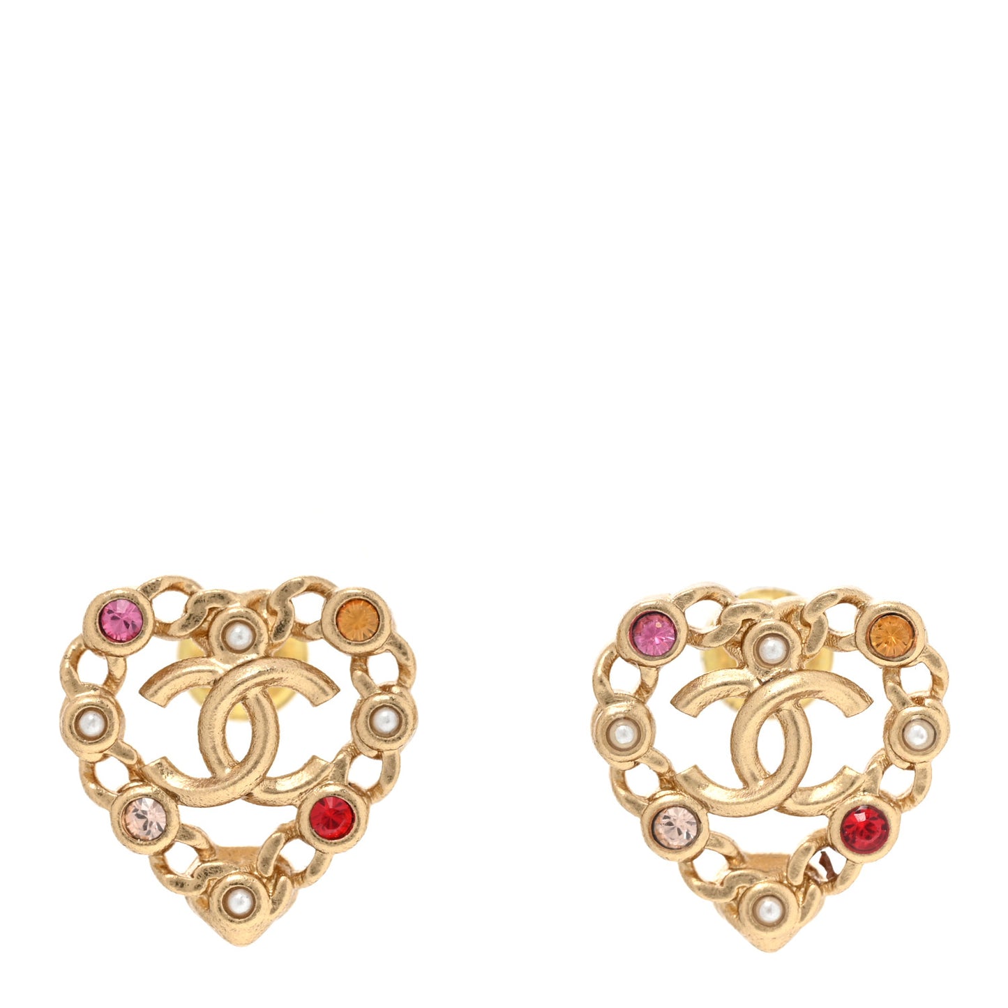 Pearl Crystal CC Heart Earrings Gold Multicolor