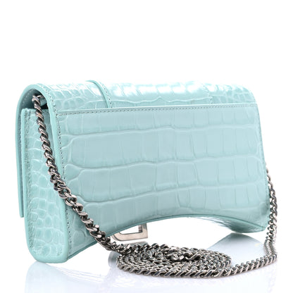 Balenciaga Shiny Calfskin Crocodile Embossed Hourglass Chain Bag Green Acqua 2 of 8