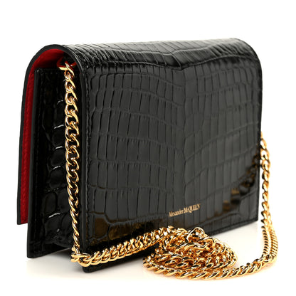Alexander McQueen Calfskin Crocodile Embossed Skull Mini Shoulder Bag Black 3 of 10
