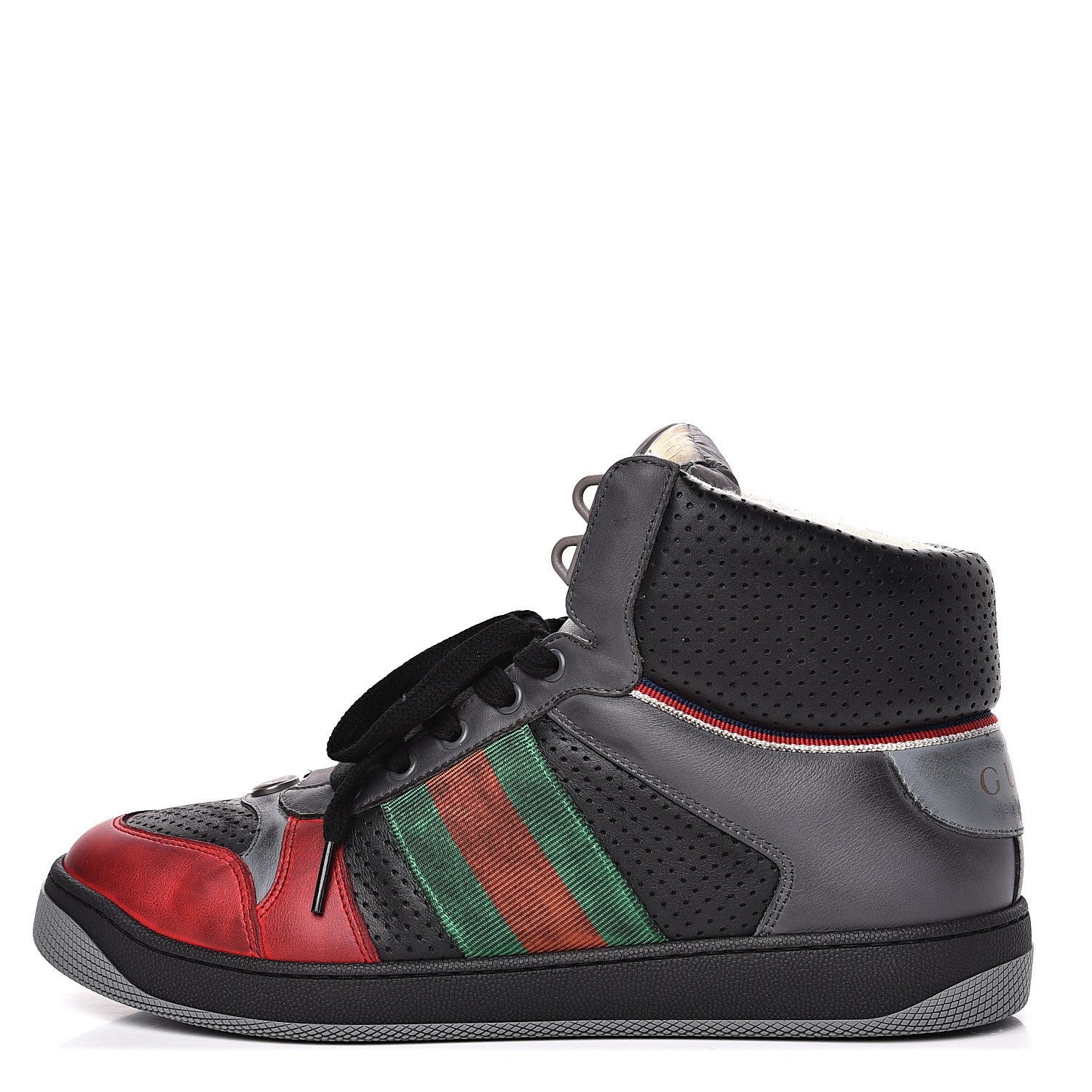 Gucci Miro Soft Calfskin Web Mens Screener High Top Sneakers 8 Light Hibiscus Red Black Foggy Grey 1 of 11