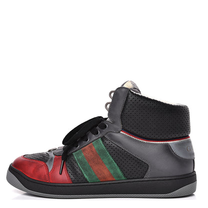 Gucci Miro Soft Calfskin Web Mens Screener High Top Sneakers 8 Light Hibiscus Red Black Foggy Grey 1 of 11