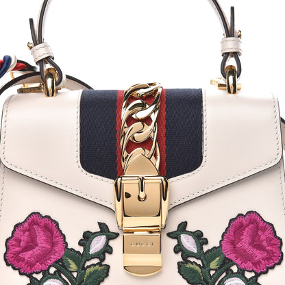Gucci Calfskin Embroidered Mini Sylvie Top Handle Bag White 10 of 11