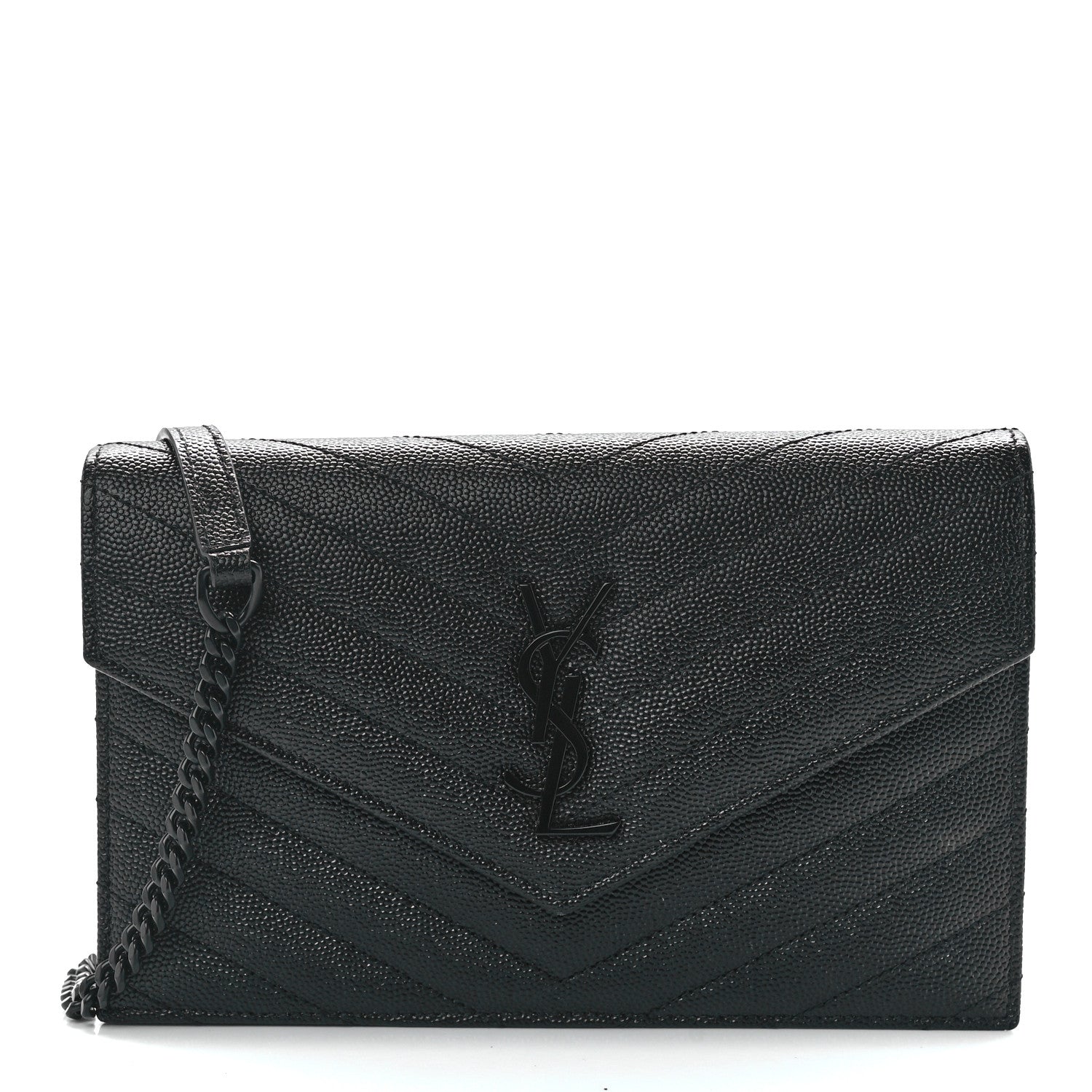 Saint Laurent Grain De Poudre Matelasse Chevron Monogram Monochrome Envelope Chain Wallet Black 1 of 11