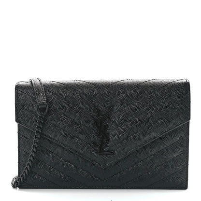 Saint Laurent Grain De Poudre Matelasse Chevron Monogram Monochrome Envelope Chain Wallet Black 1 of 11
