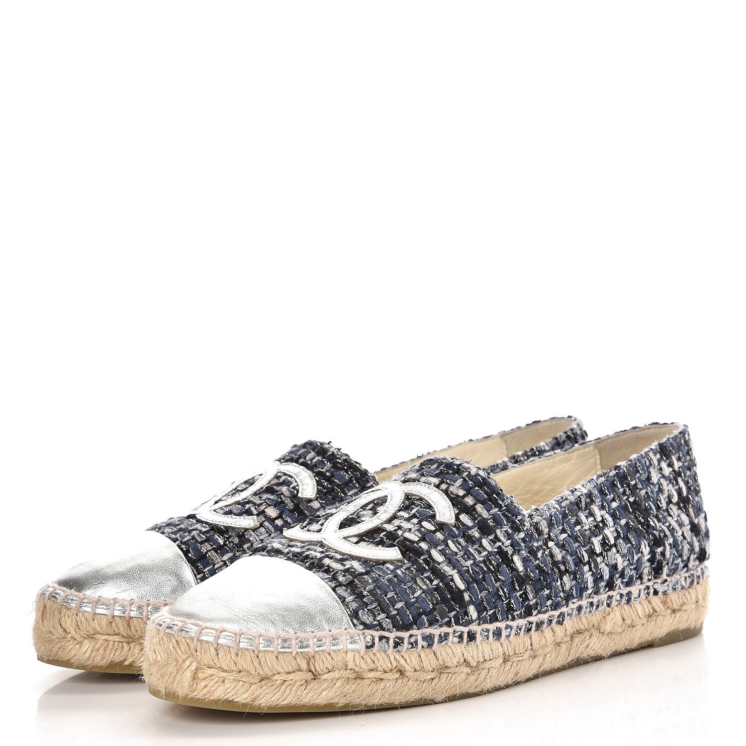 Chanel Metallic Tweed Lambskin CC Espadrilles 40 Blue Black Silver 3 of 10