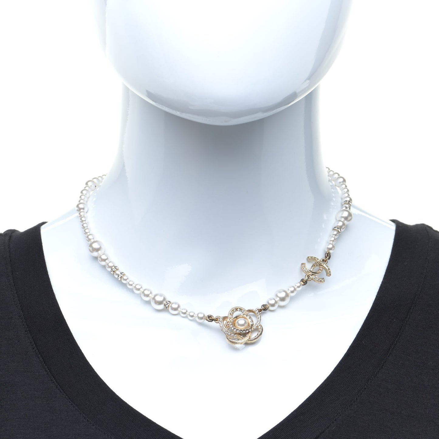Pearl Crystal Camellia CC Necklace Gold