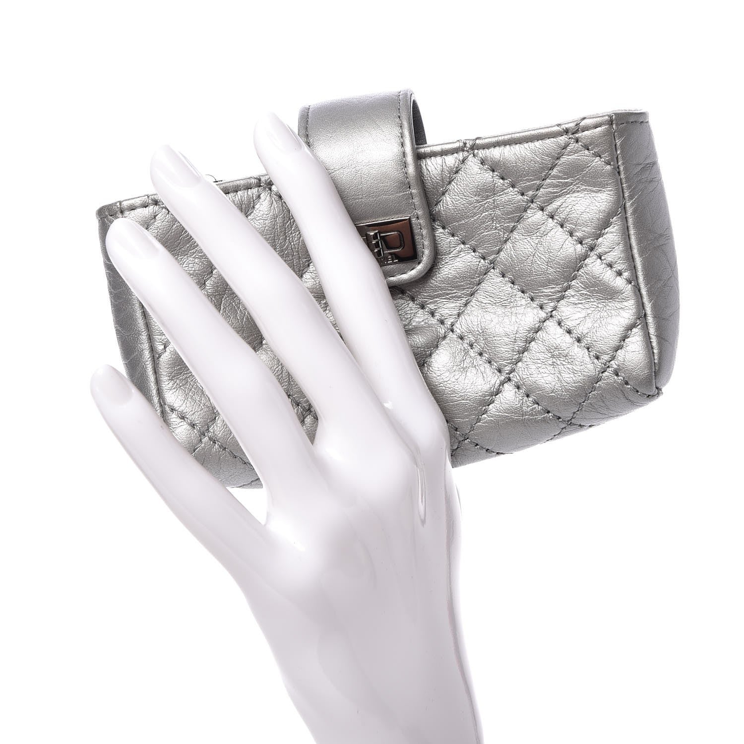 Chanel Metallic Aged Calfskin Quilted Mini Phone Holder Clutch Silver 2 of 9