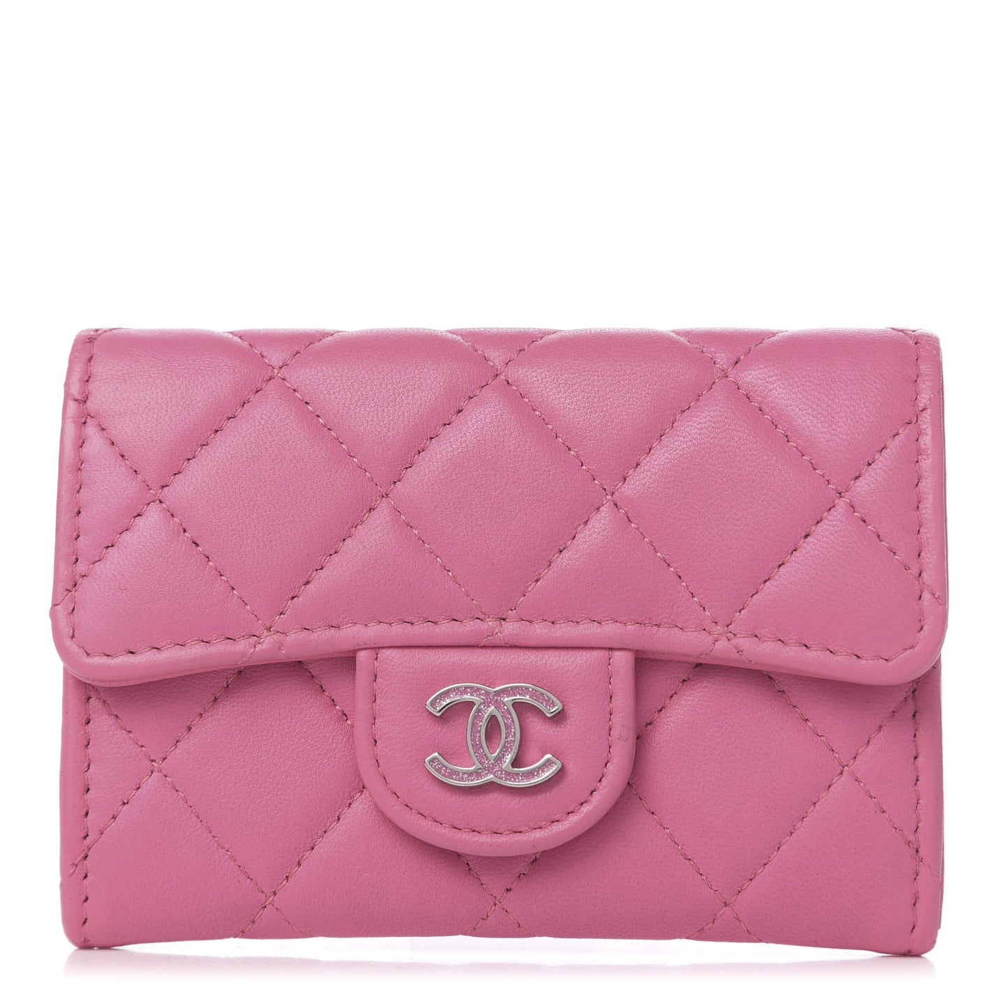 Lambskin Quilted Flap Card Holder Pink