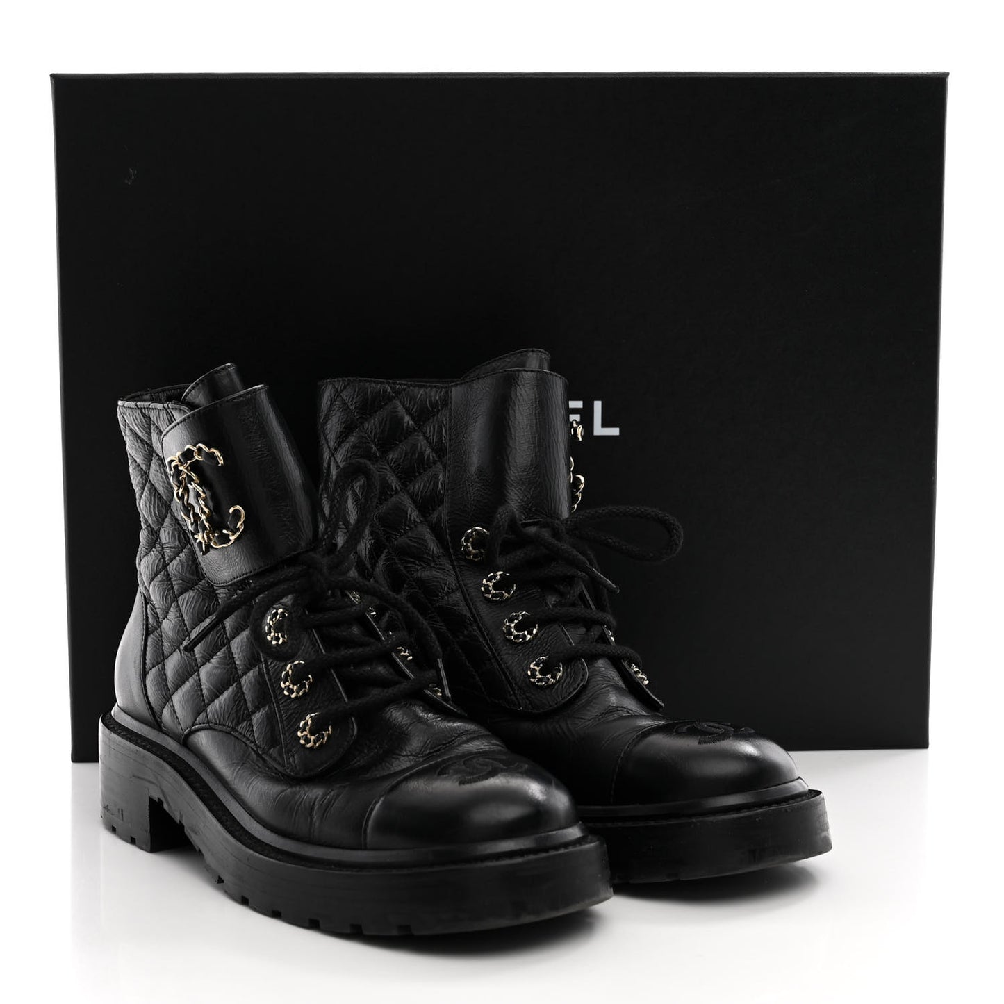 Shiny Calfskin Quilted Lace Up Combat Boots 37 Black