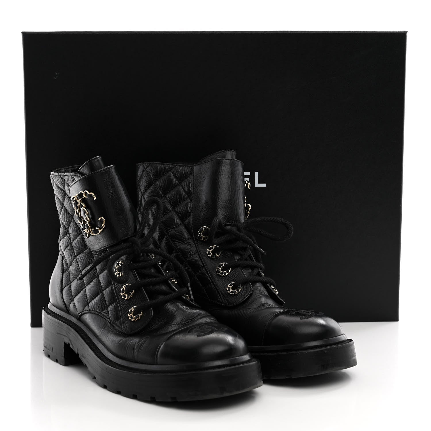 Chanel Shiny Calfskin Quilted Lace Up Combat Boots 37 Black 12 of 12