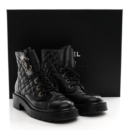 Chanel Shiny Calfskin Quilted Lace Up Combat Boots 37 Black 12 of 12