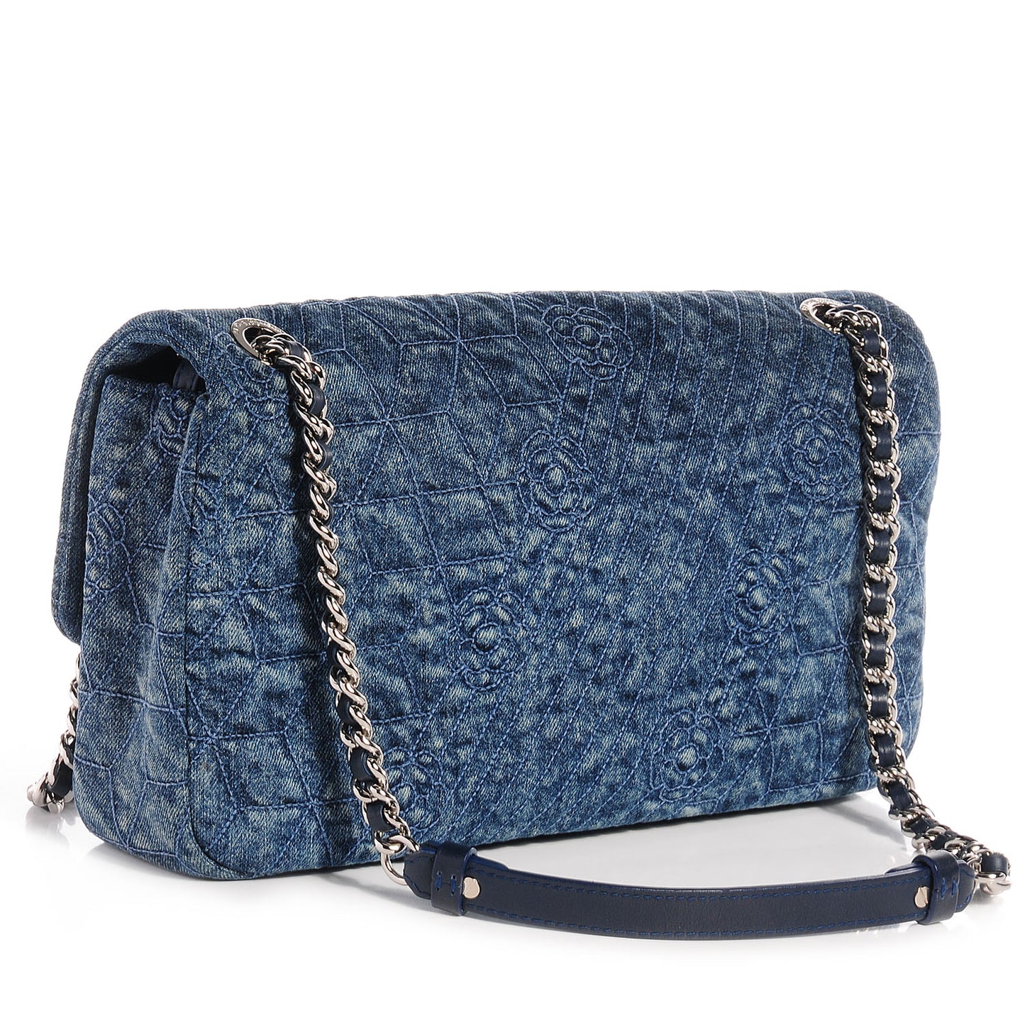 Denim Camellia Embroidered Large Flap Dark Blue