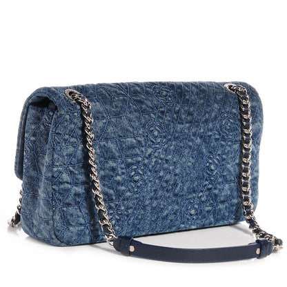 Chanel Denim Camellia Embroidered Large Flap Dark Blue 3 of 9