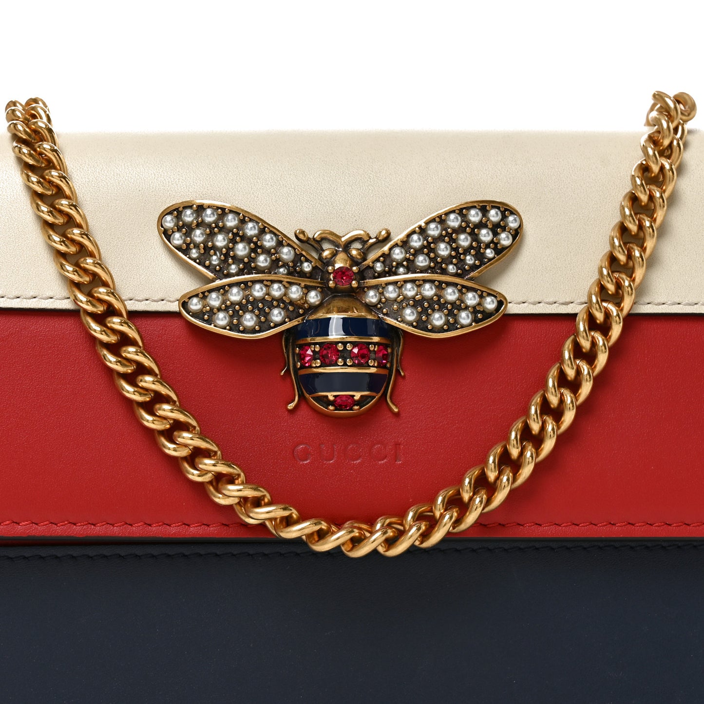 Calfskin Queen Margaret Chain Wallet Blue Agata Hibiscus Red Mystic White