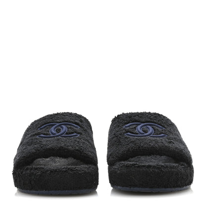 Chanel Terry CC Flat Mules Sandals 41 Black Navy 3 of 9