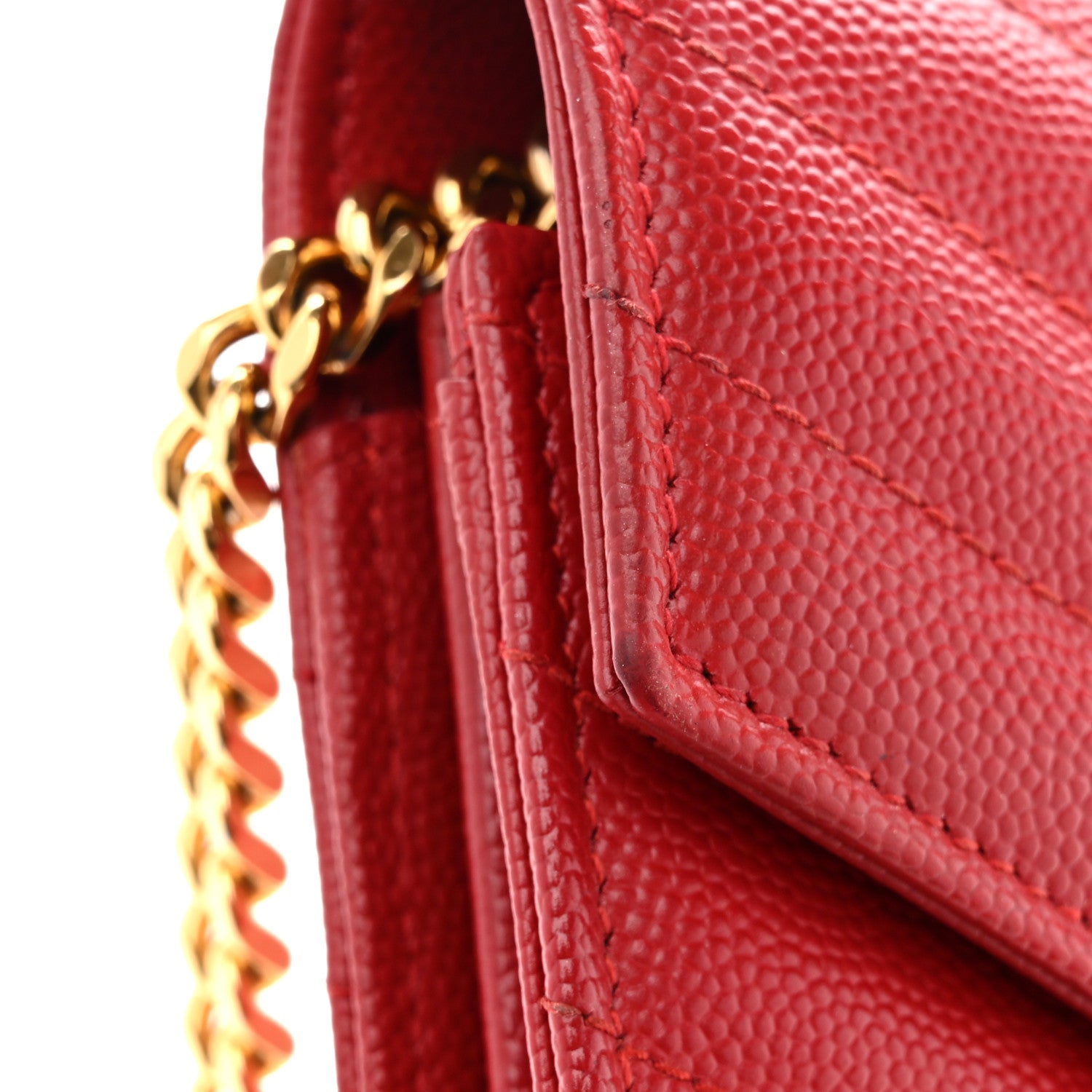 Saint Laurent Grain De Poudre Matelasse Chevron Monogram Chain Wallet Red 13 of 14