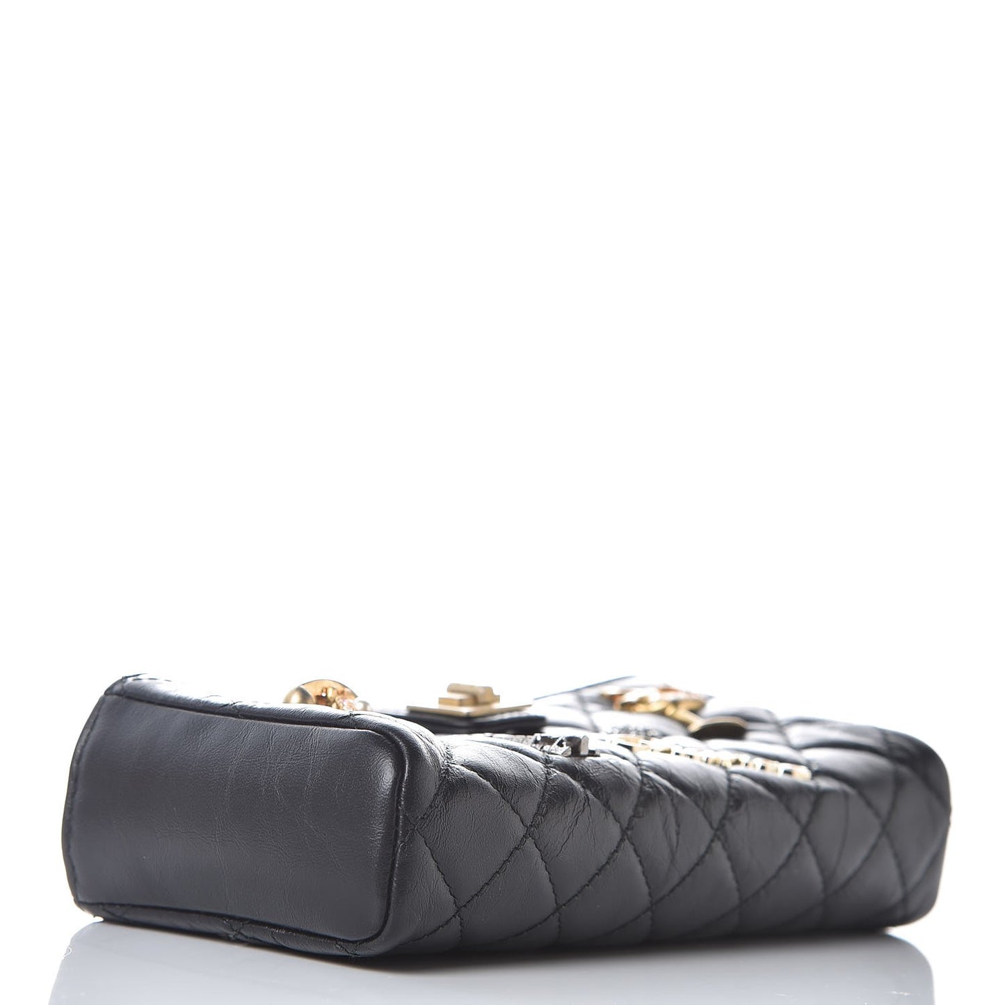 Aged Calfskin Quilted Lucky Charms Mini Phone Holder Clutch Black