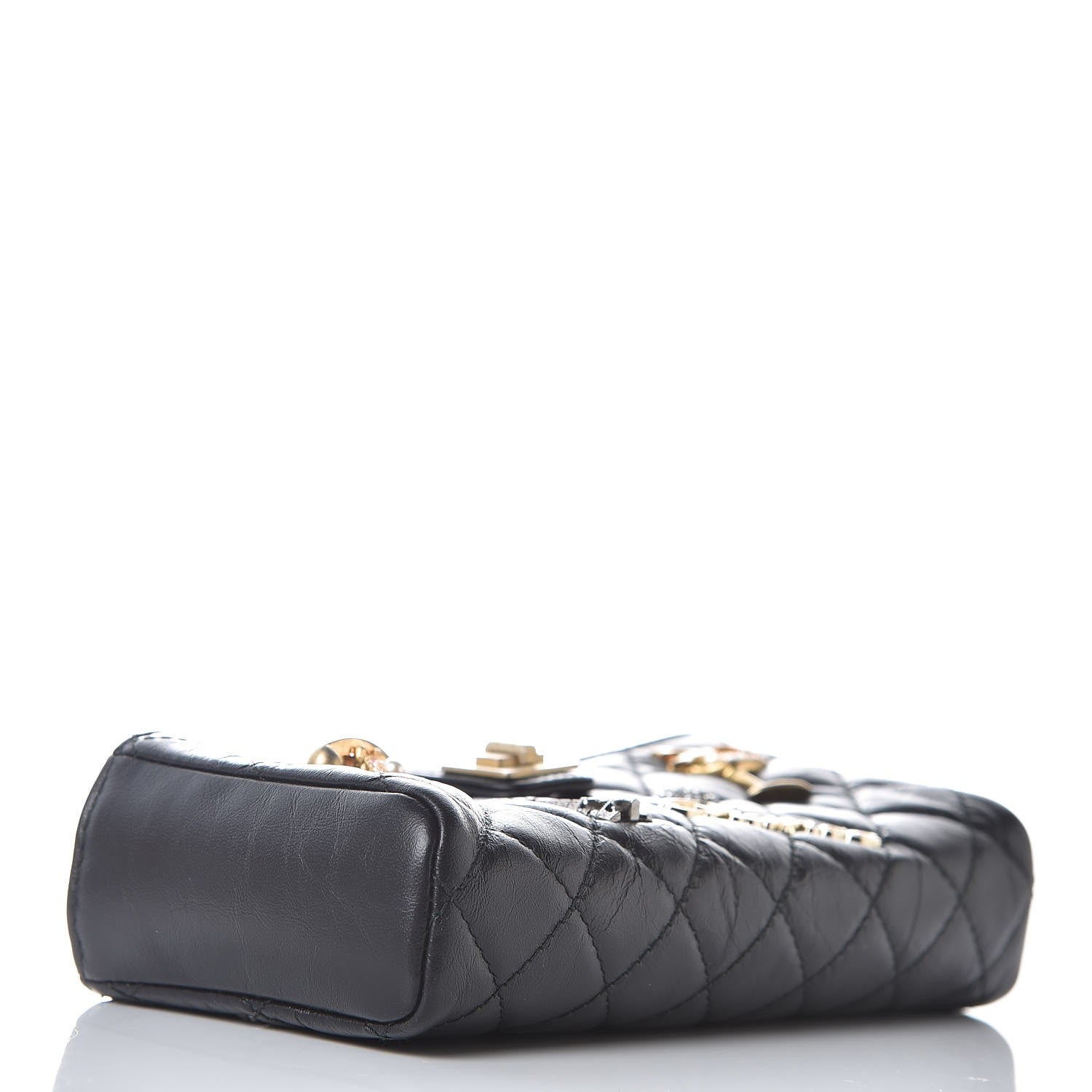 Chanel Aged Calfskin Quilted Lucky Charms Mini Phone Holder Clutch Black 4 of 8
