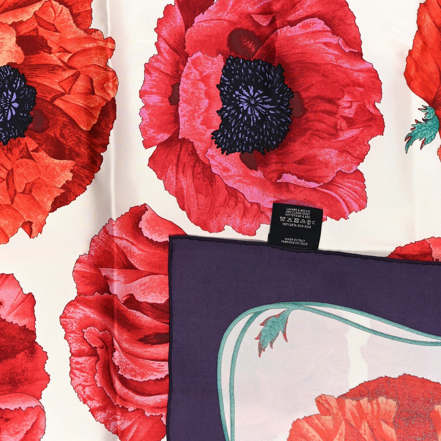 Silk Poppy Print Square Scarf Purple Ivory Multicolor