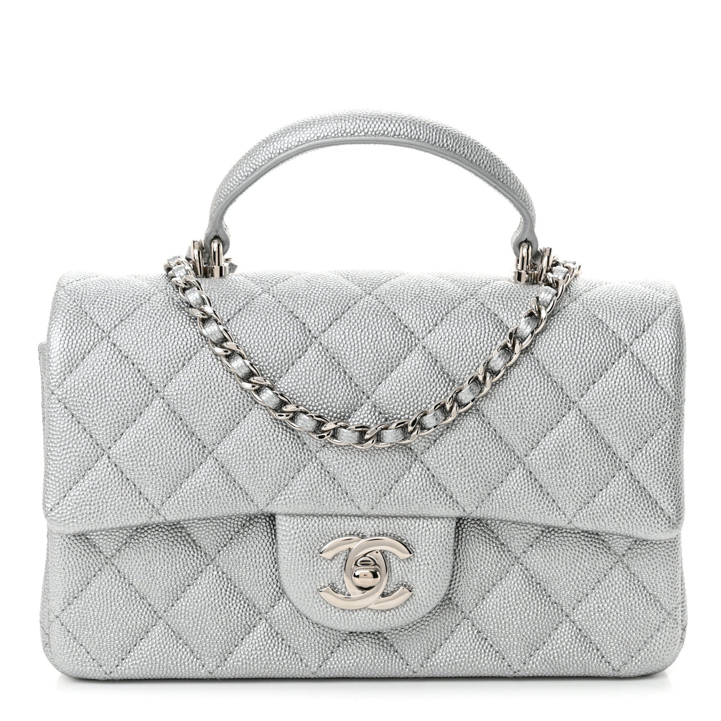 Metallic Caviar Quilted Mini Top Handle Rectangular Flap Silver