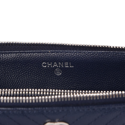 Chanel Caviar Chevron Quilted Large Zipped Clutch Navy 8 of 9