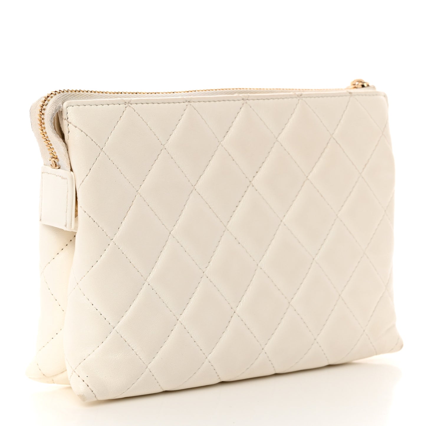 Shiny Crumpled Calfskin Quilted Clutch Bag White