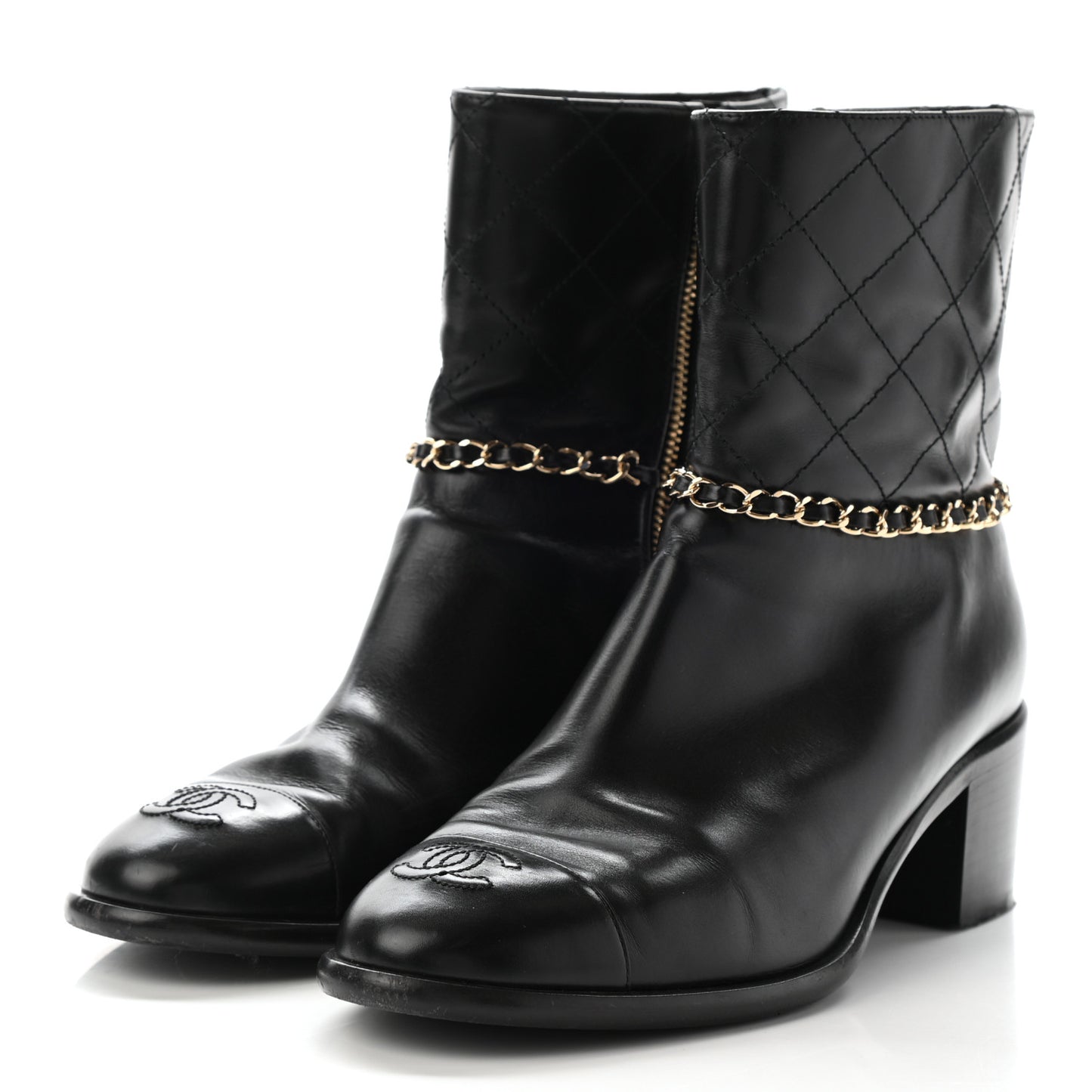 Crumpled Calfskin Chain CC Cap Toe Short Boots 38.5 Black