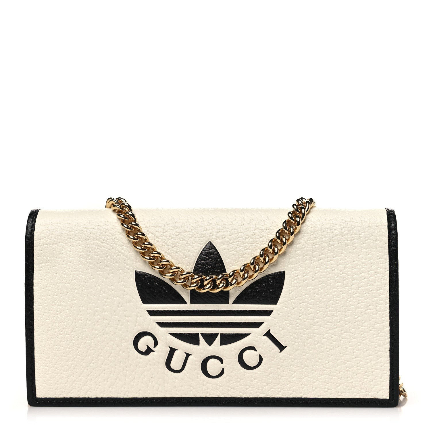 Gucci X ADIDAS Textured Dollar Calfskin Trefoil Embossed Wallet On Chain Off White Black 1 of 11