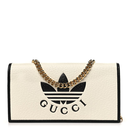 Gucci X ADIDAS Textured Dollar Calfskin Trefoil Embossed Wallet On Chain Off White Black 1 of 11