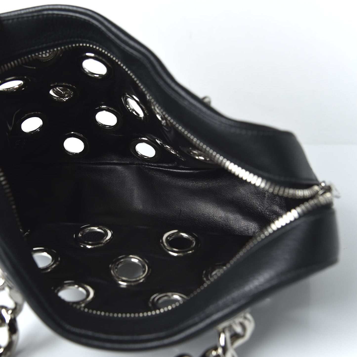Vitello Daino Grommet Chain Satchel Bag Black