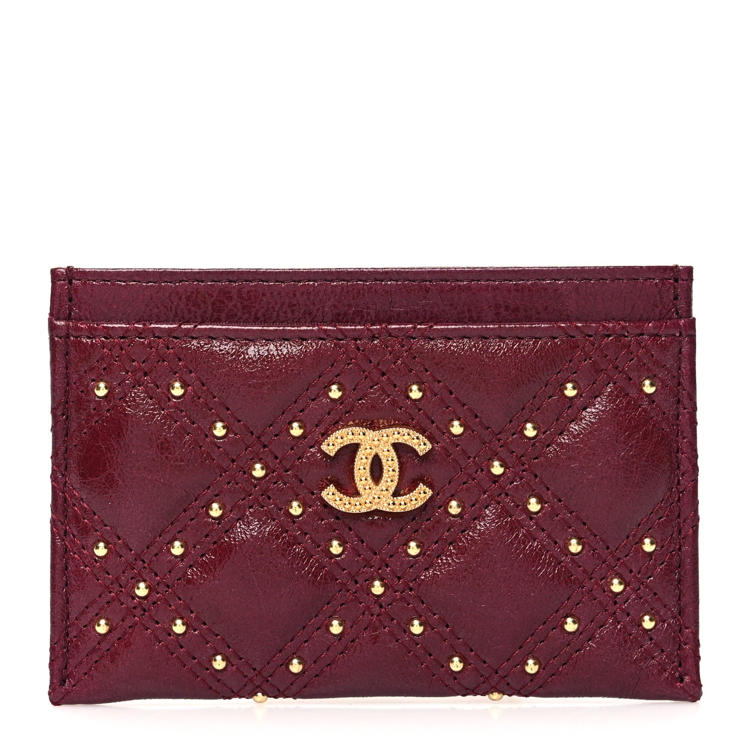 Chanel Glazed Calfskin Studded Quilted Card Holder Burgundy 1 of 10