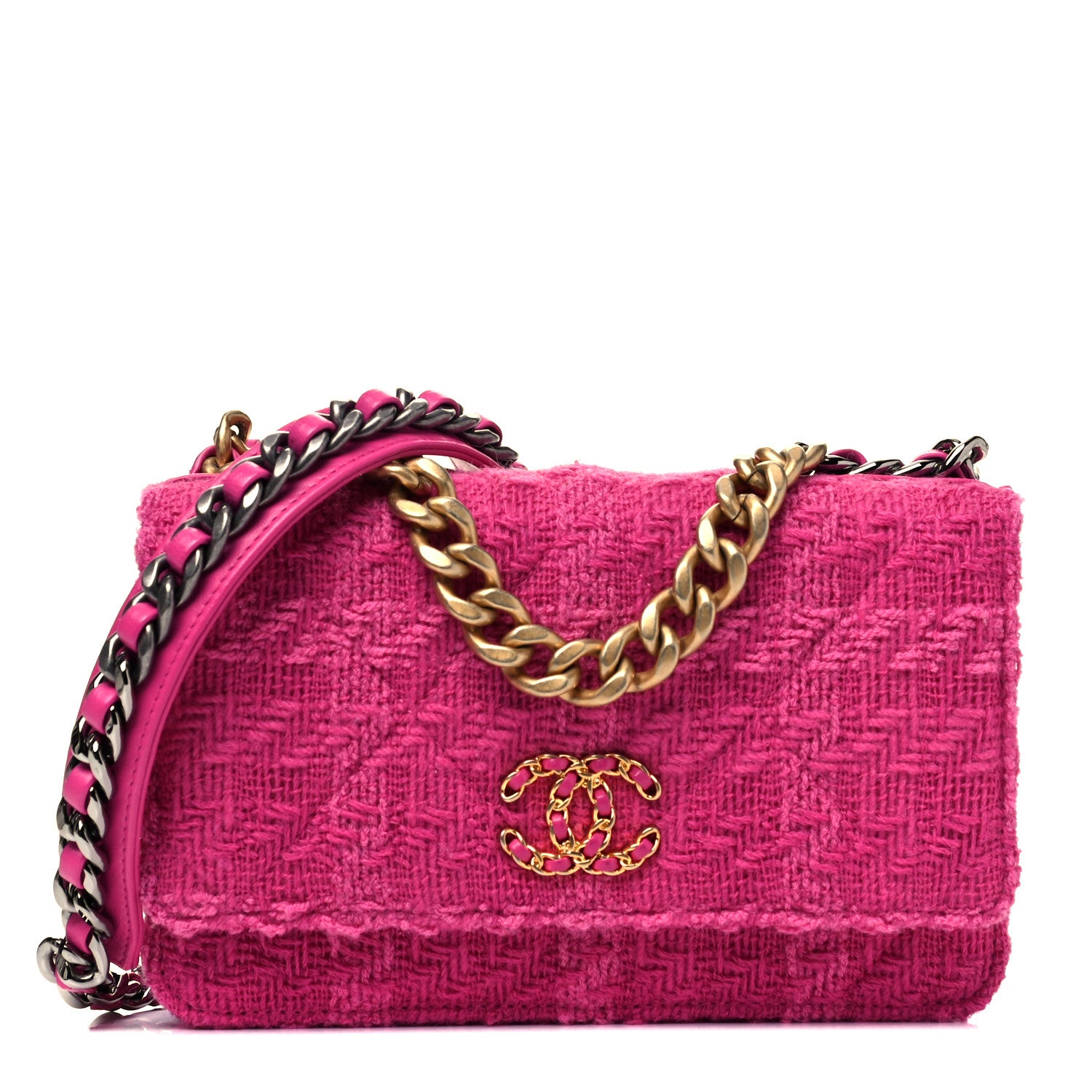 Chanel Wool Tweed Lambskin Quilted Chanel 19 Wallet On Chain WOC Fuchsia 1 of 8
