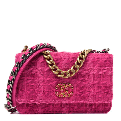 Chanel Wool Tweed Lambskin Quilted Chanel 19 Wallet On Chain WOC Fuchsia 1 of 8