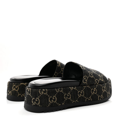 Gucci Jacquard Black Denim GG Monogram Angelina Platform 55mm Slide Sandals 38.5 Black Ivory 5 of 10