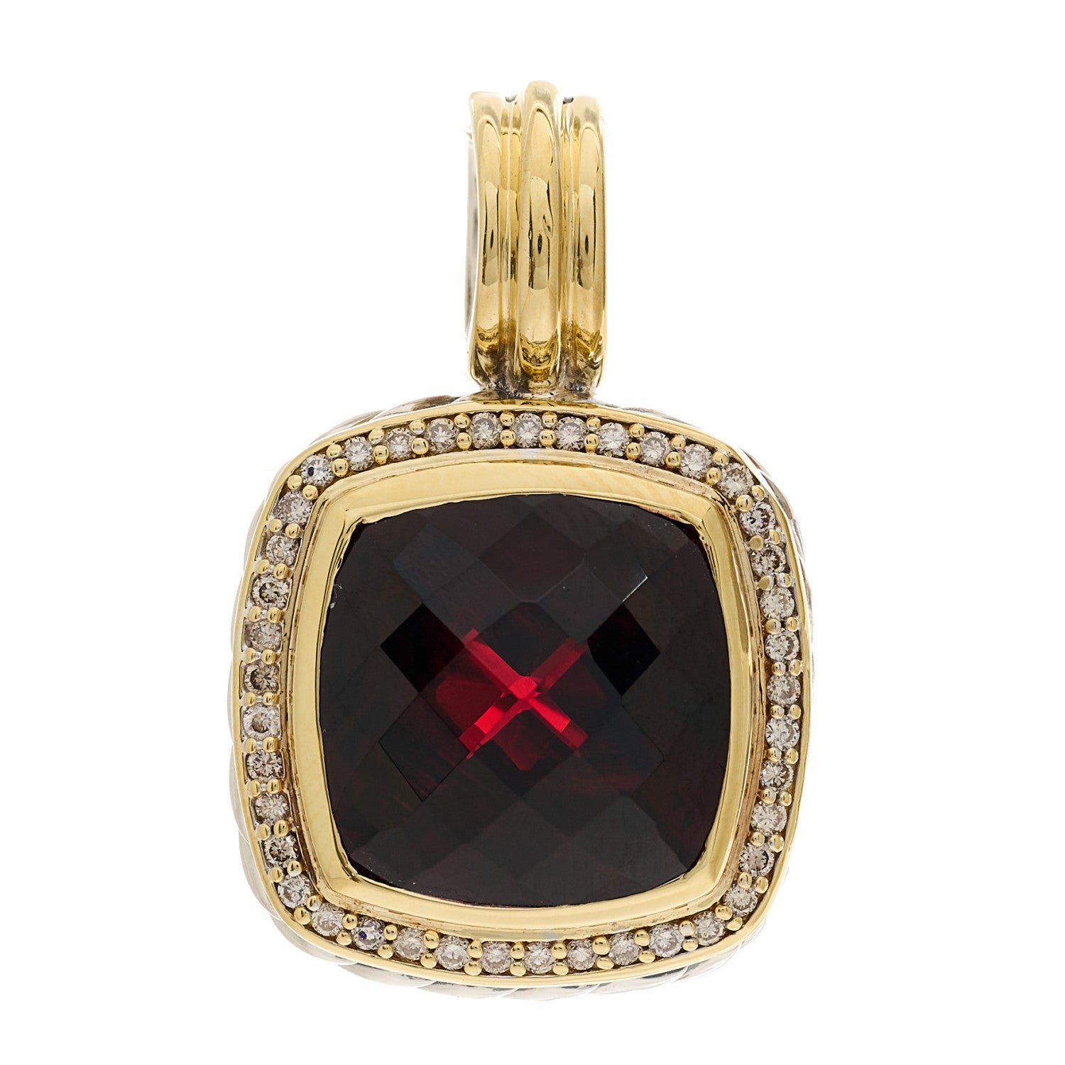 David Yurman Sterling Silver 18K Yellow Gold Diamond Garnet 14mm Albion Enhancer Pendant 1 of 4