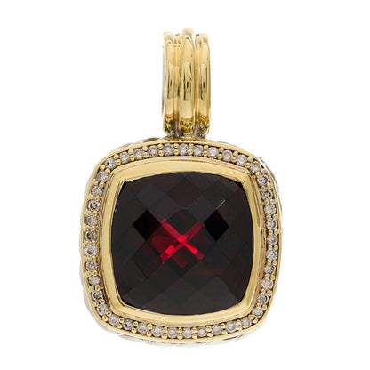 David Yurman Sterling Silver 18K Yellow Gold Diamond Garnet 14mm Albion Enhancer Pendant 1 of 4