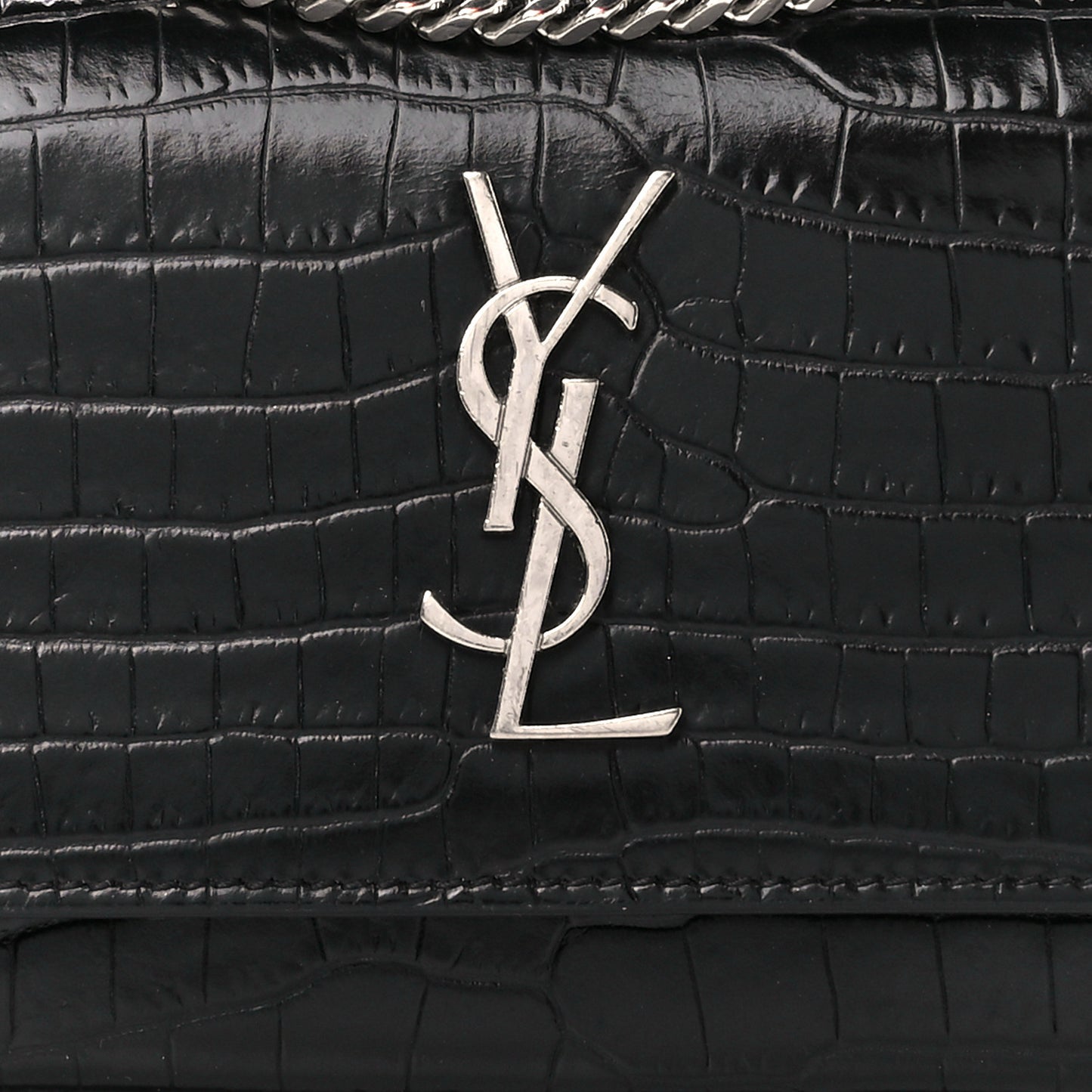 Calfskin Crocodile Embossed Monogram Sunset Chain Wallet Black