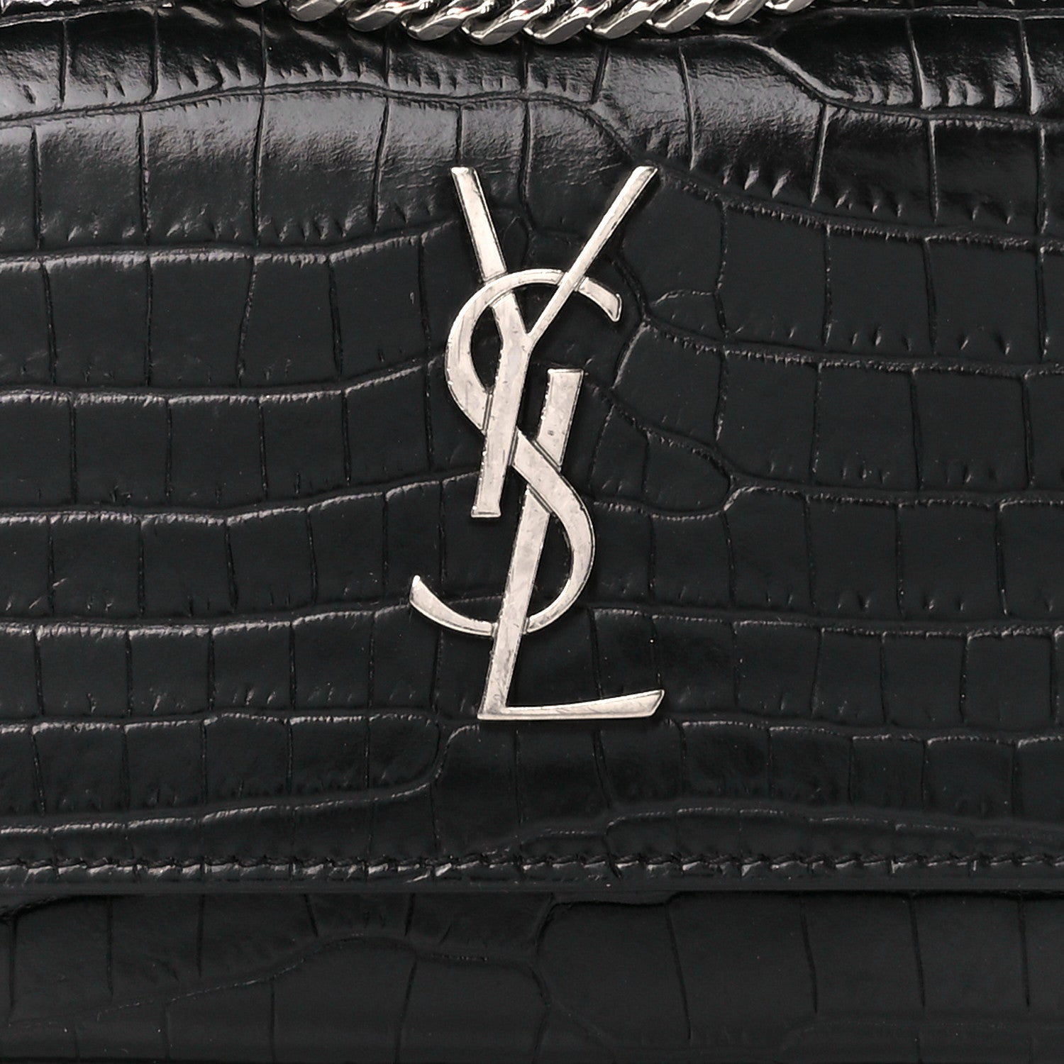 Saint Laurent Calfskin Crocodile Embossed Monogram Sunset Chain Wallet Black 7 of 9