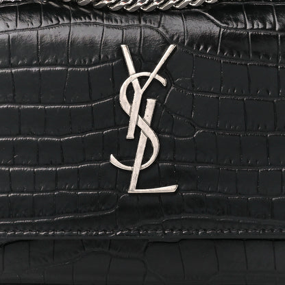 Saint Laurent Calfskin Crocodile Embossed Monogram Sunset Chain Wallet Black 7 of 9