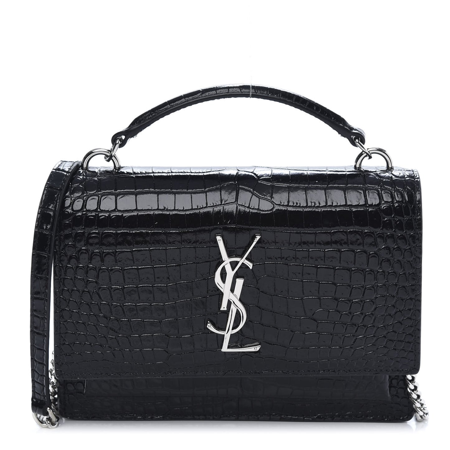 Calfskin Crocodile Embossed Monogram Sunset Top Handle Chain Wallet Black