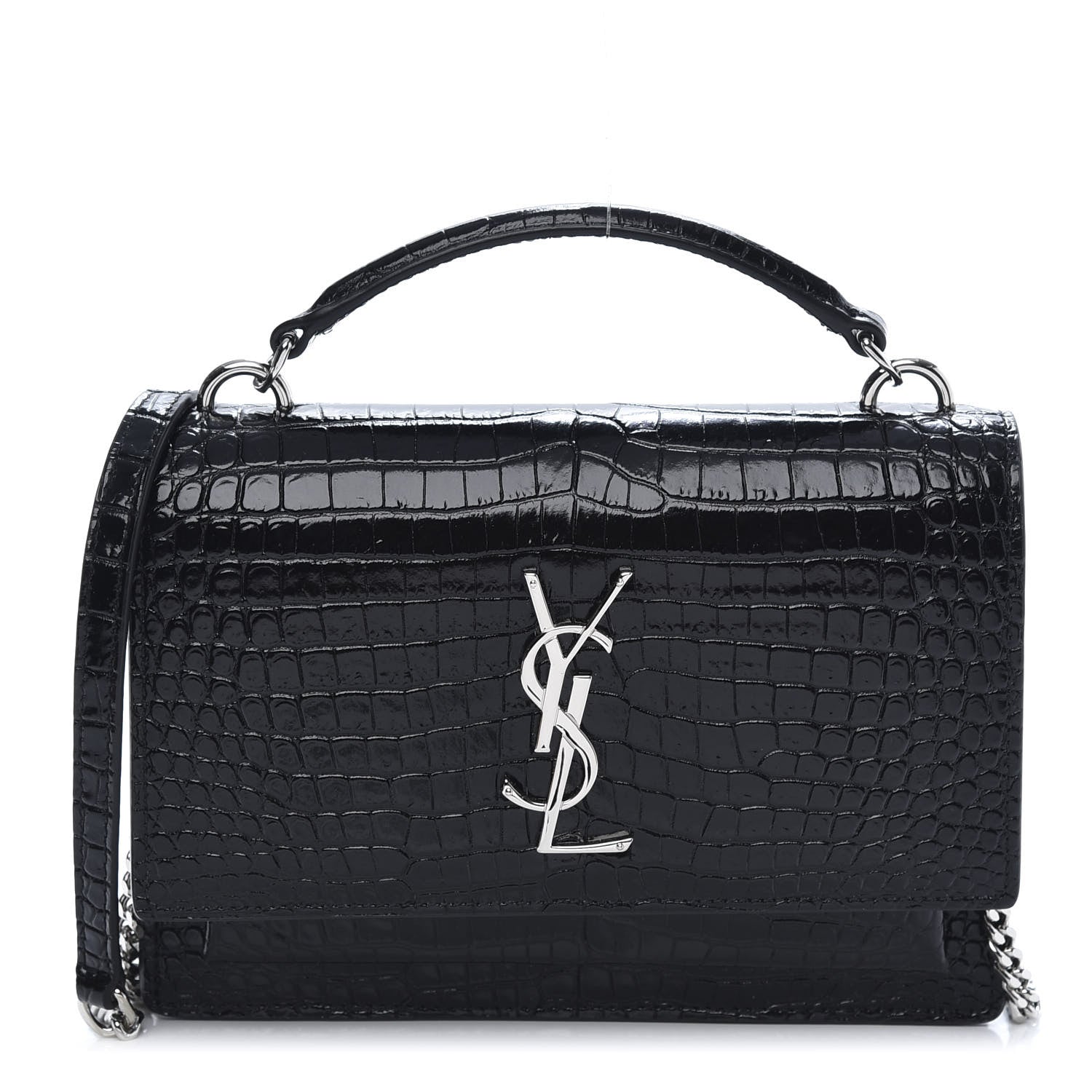 Saint Laurent Calfskin Crocodile Embossed Monogram Sunset Top Handle Chain Wallet Black 1 of 12